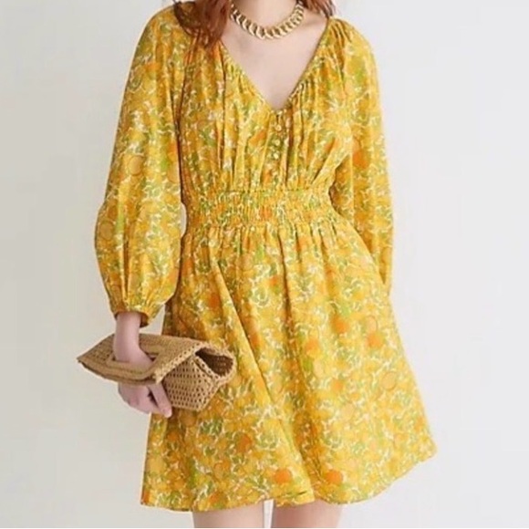 J.Crew Limone Print V-Neck Cotton Lawn Mini Dress Smocked SIZE M - Picture 3 of 6